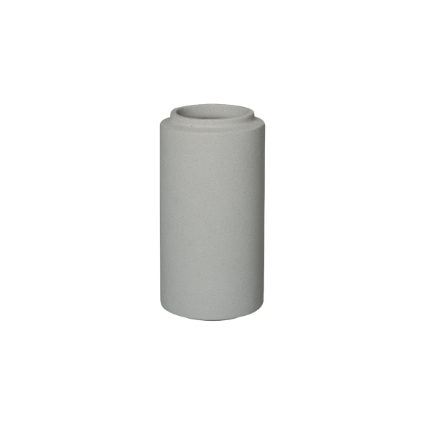 Minimalistische graue Keramikvase mit glatter Oberfläche und zylindrischer Form.