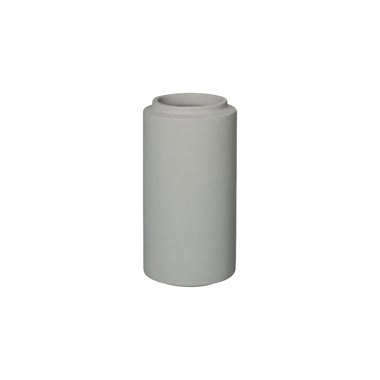 Minimalistische graue Keramikvase mit glatter Oberfläche und zylindrischer Form.
