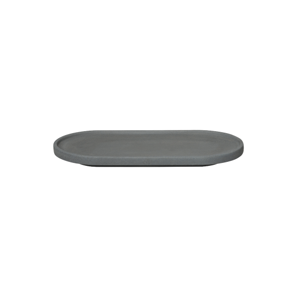 Modern gray oval serving platter on a white background.