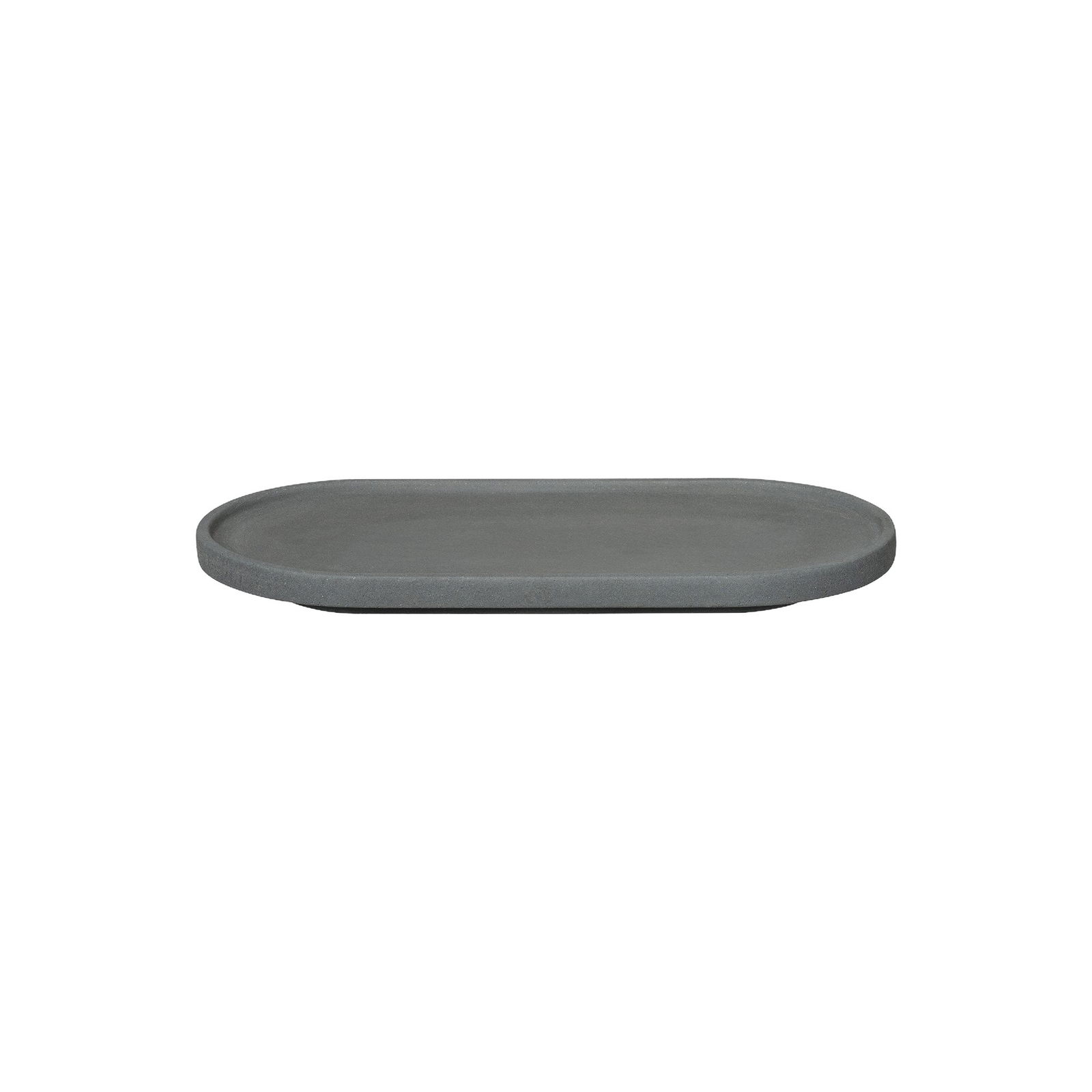 Modern gray oval serving platter on a white background.