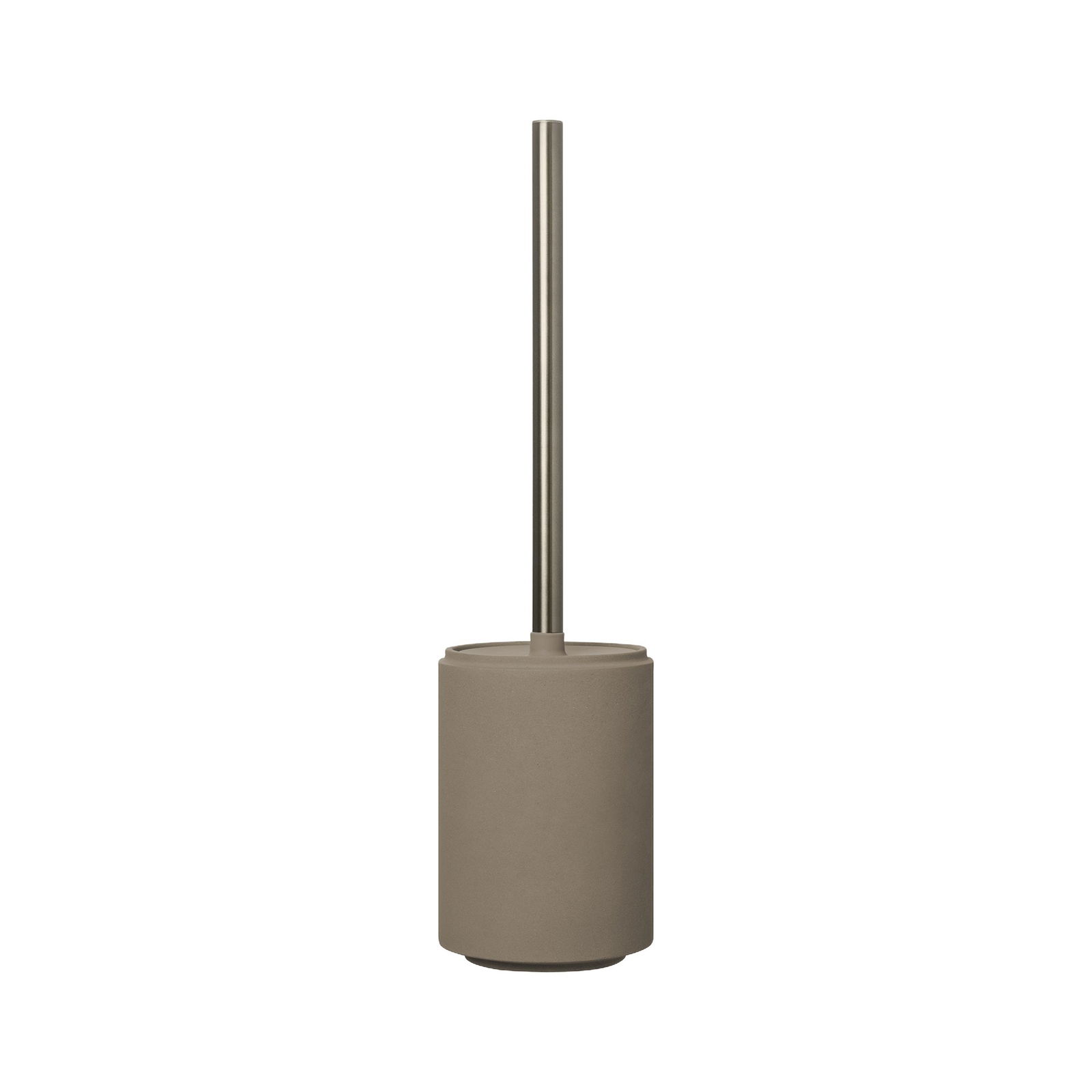 Modern, stylish toilet brush holder with a sleek cylindrical design in neutral tones.
