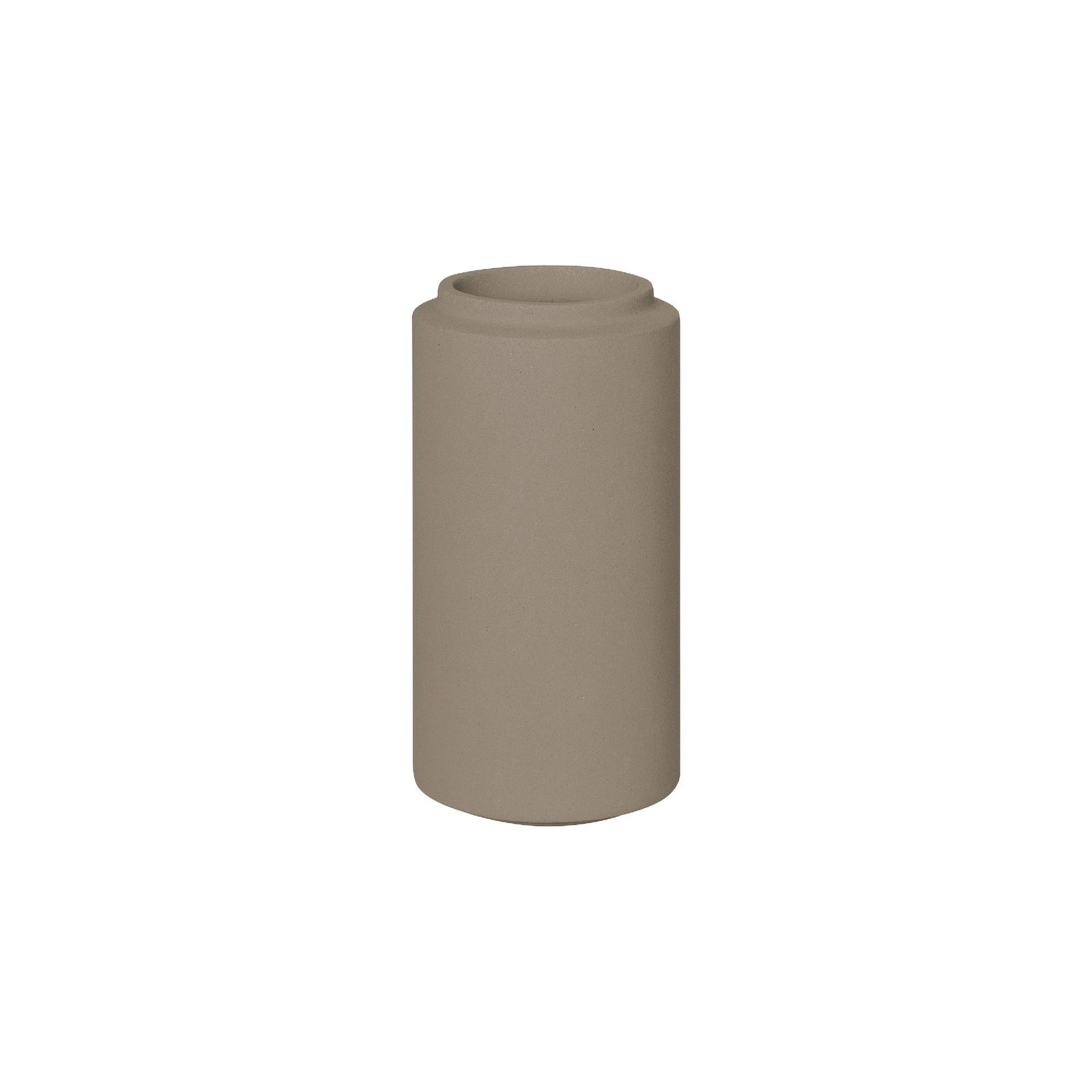 Minimalist beige ceramic vase with a cylindrical shape.
