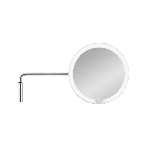 "Round LED wall mirror with adjustable arm for modern bathroom decor."