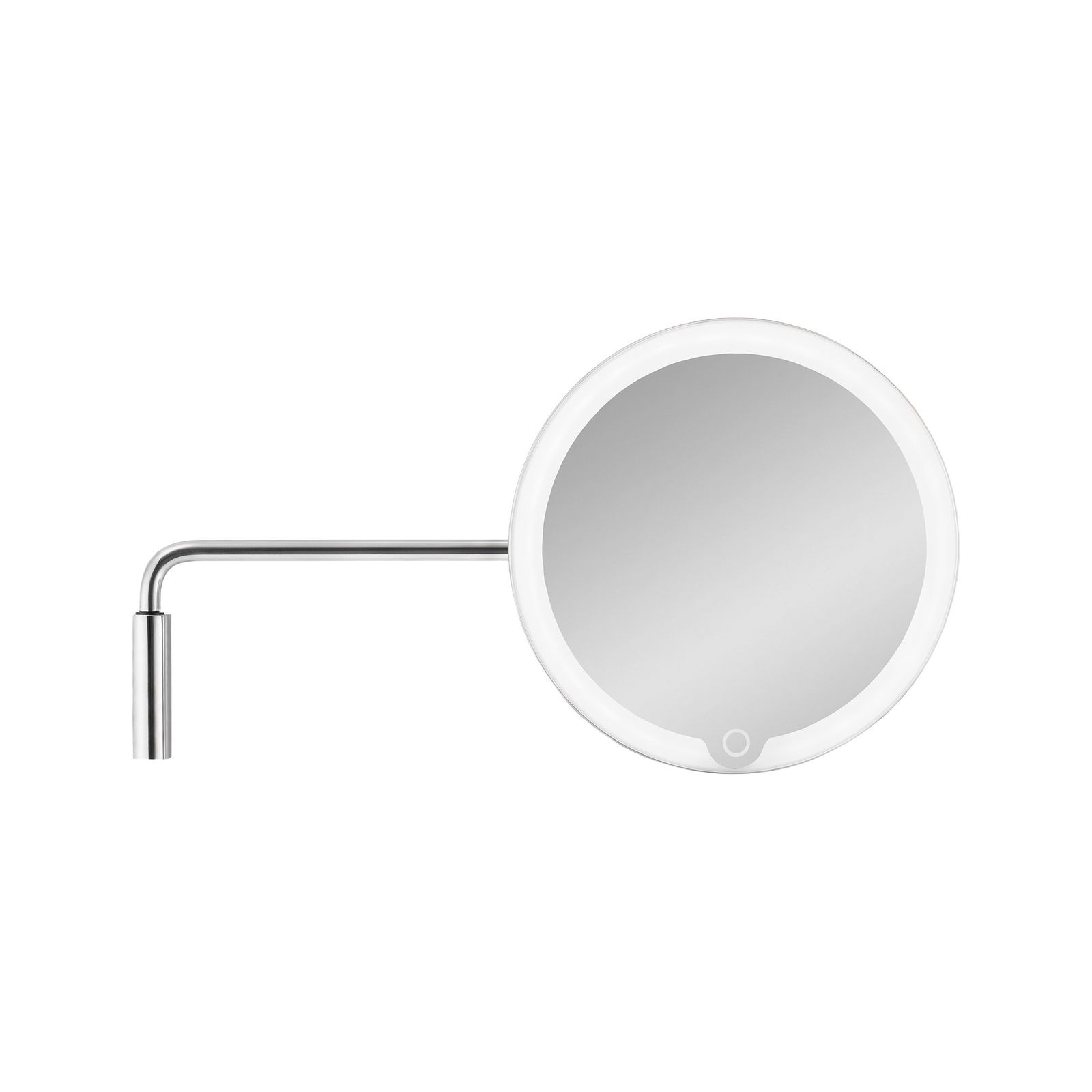 "Round LED wall mirror with adjustable arm for modern bathroom decor."