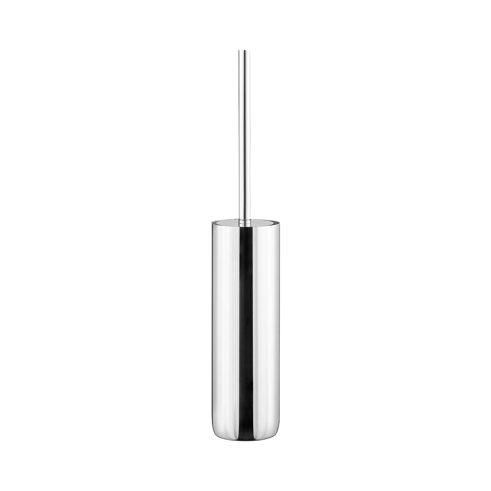 Sleek stainless steel toilet brush holder with a minimalist design.