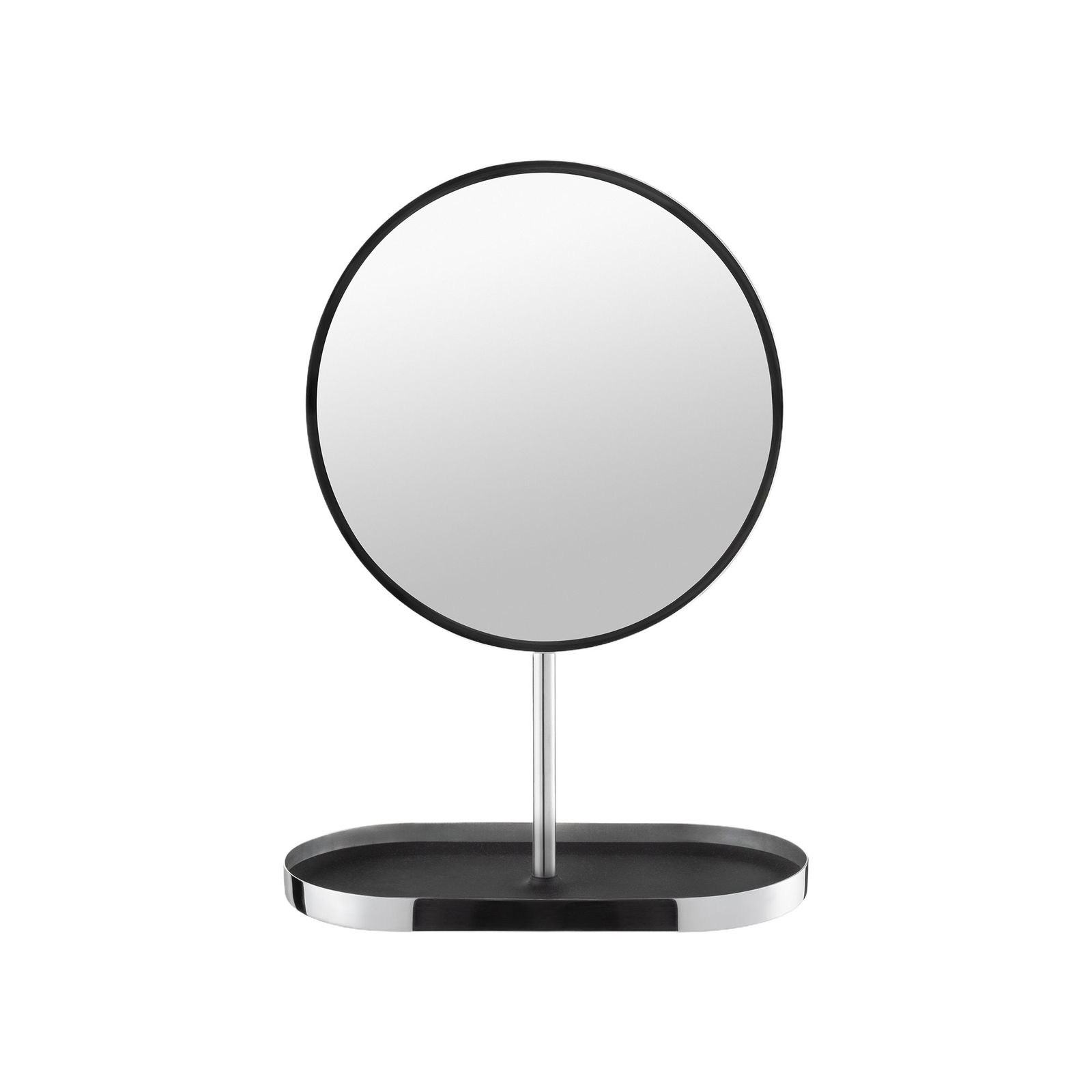 Modern round mirror with sleek chrome stand and black base for stylish home decor.