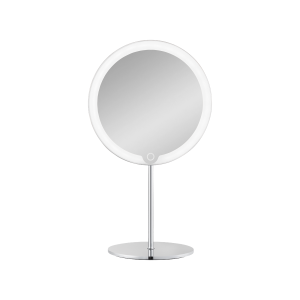 Eleganter runder Schminkspiegel mit integriertem LED-Licht und modernem Chromständer.