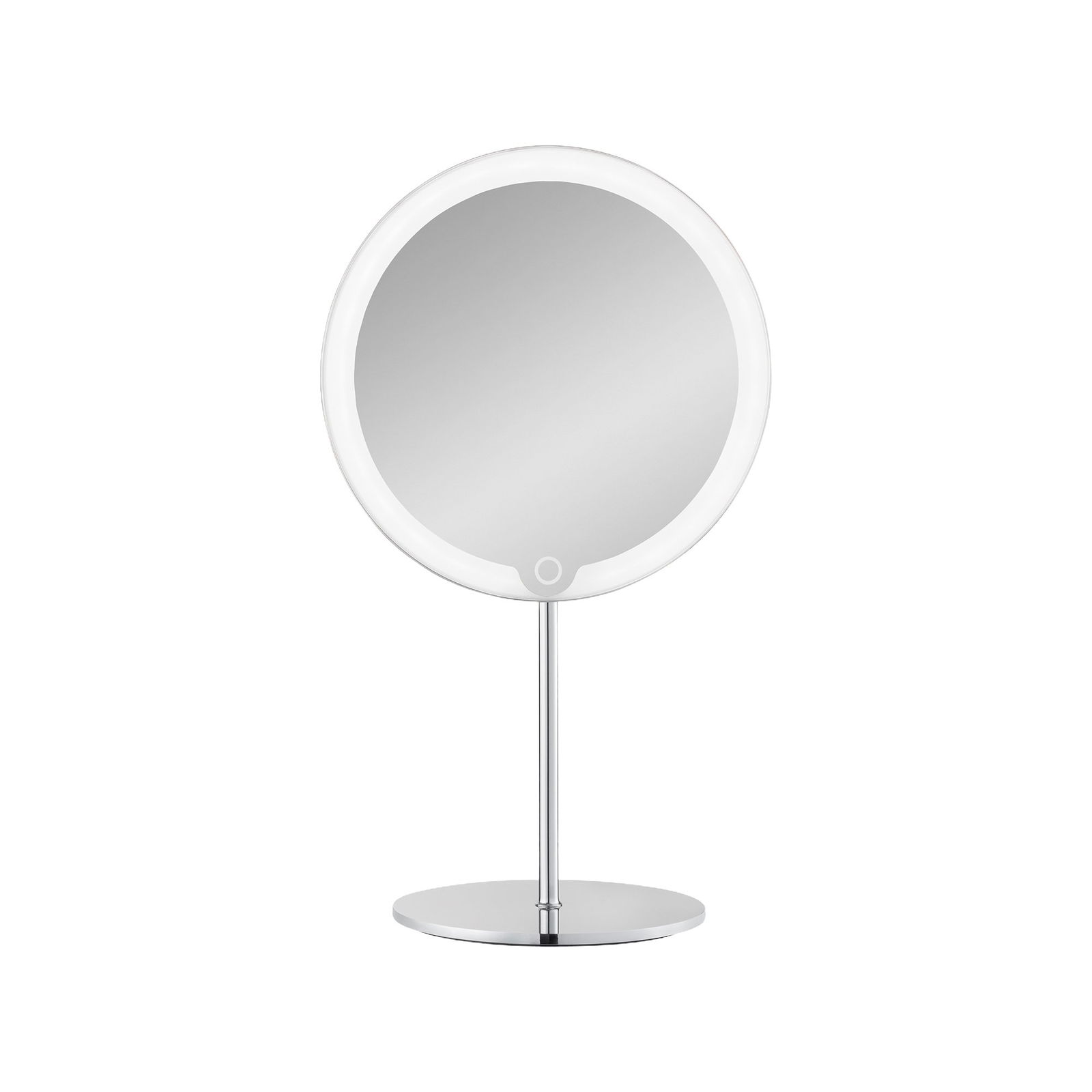 Eleganter runder Schminkspiegel mit integriertem LED-Licht und modernem Chromständer.