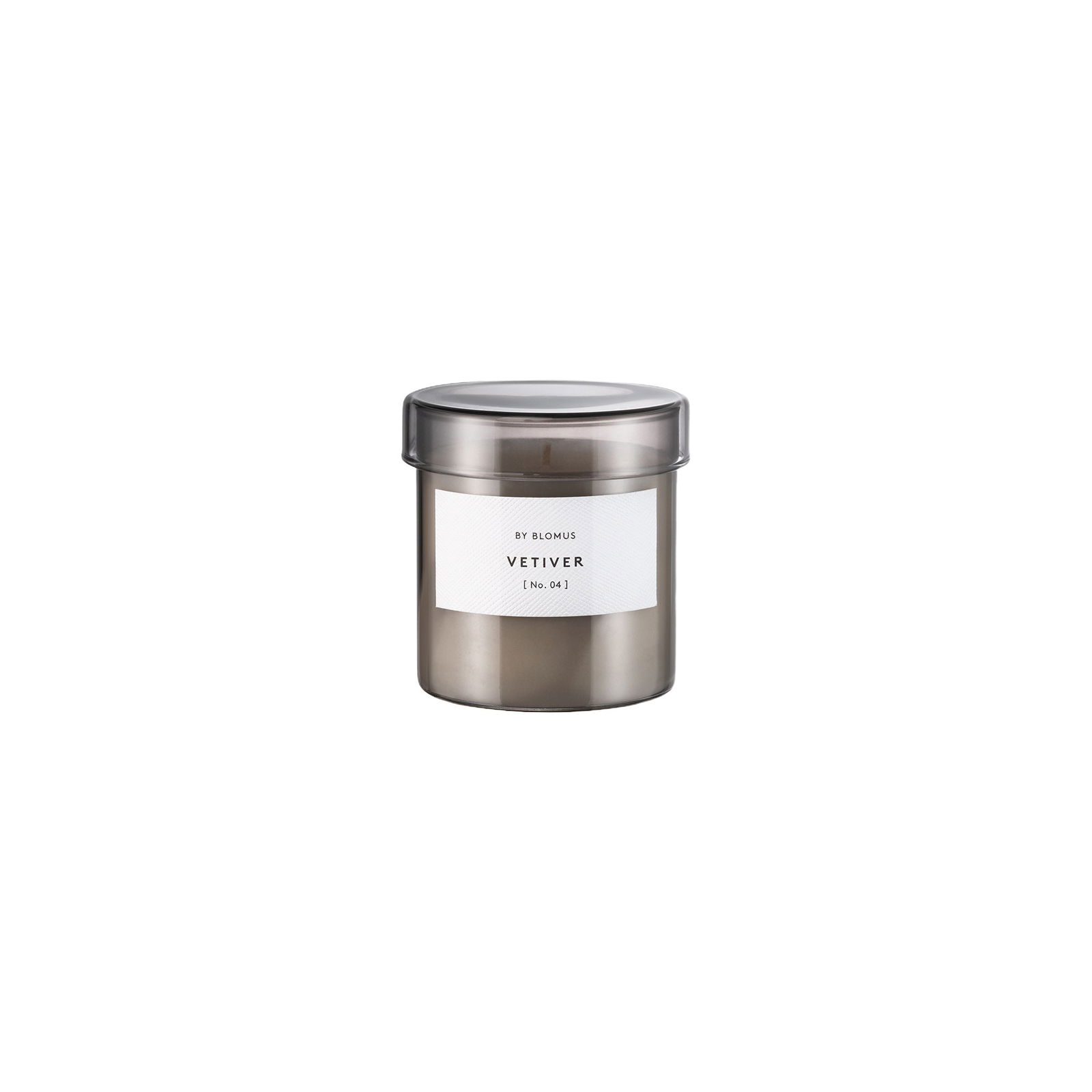 Elegante Kerze mit Vetiver-Duft in einem modernen Glasgefäß für eine beruhigende Atmosphäre.
