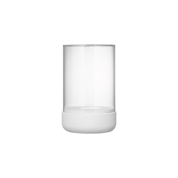 Clear glass container with a white base, perfect for decorative displays or storage.