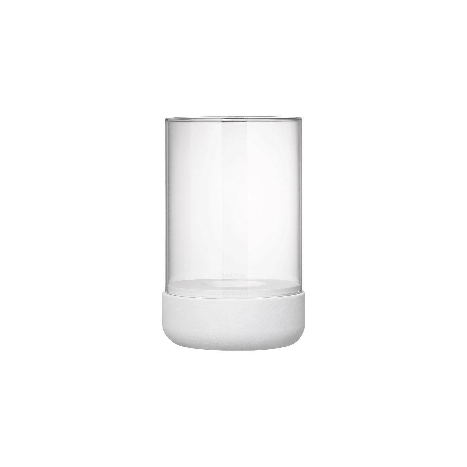 Clear glass container with a white base, perfect for decorative displays or storage.