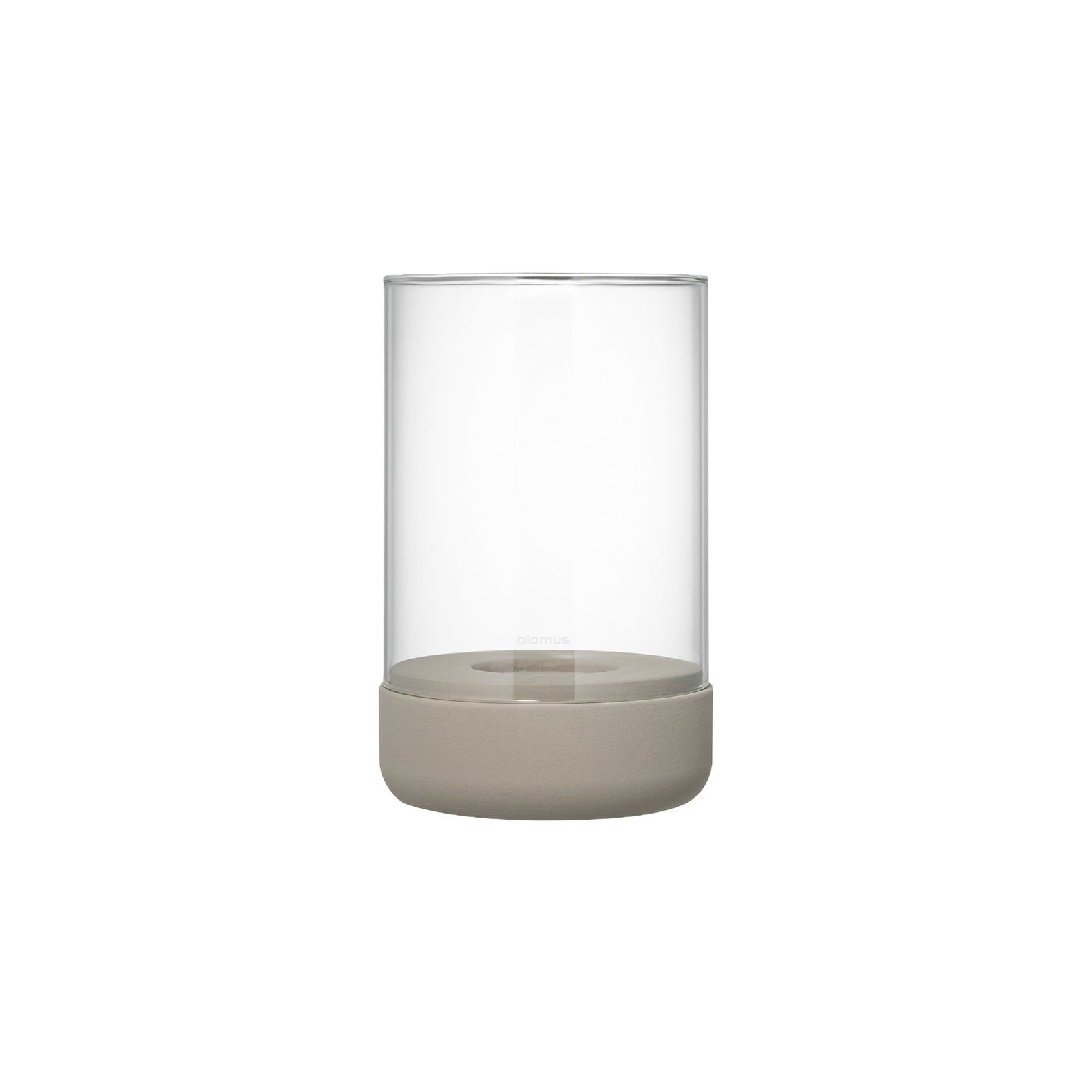 Elegant glass vase with a minimalist beige base, perfect for modern decor.
