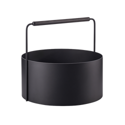 Modern black metal storage basket with a handle for stylish organization.
