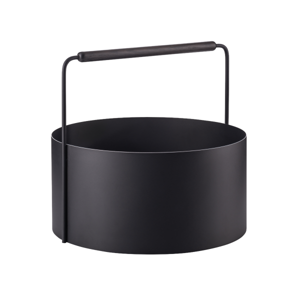 Modern black metal storage basket with a handle for stylish organization.