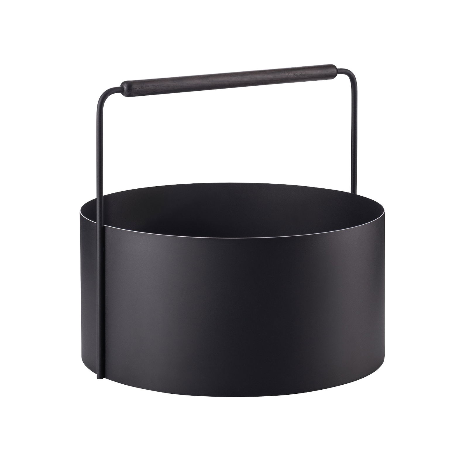 Modern black metal storage basket with a handle for stylish organization.