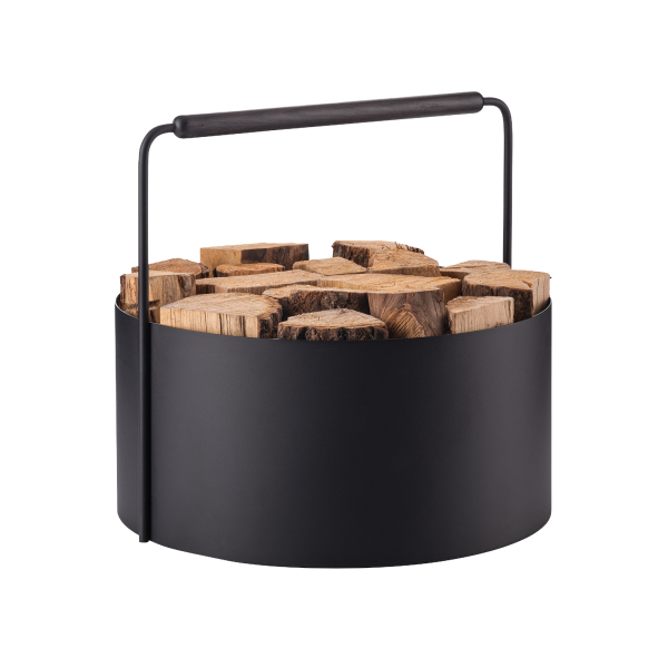 Modern black firewood holder with natural wood logs for stylish home decor.