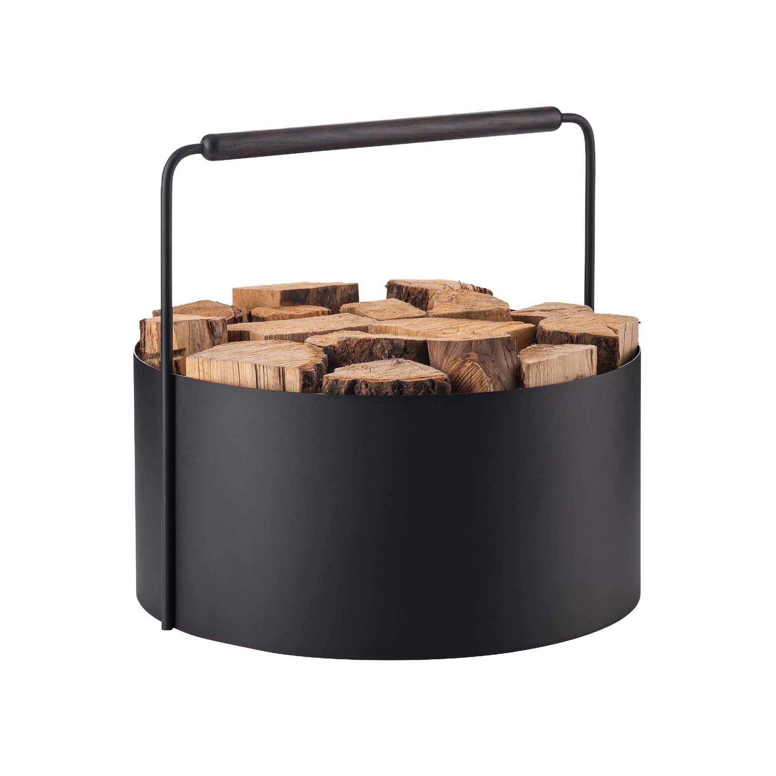 Modern black firewood holder with natural wood logs for stylish home decor.