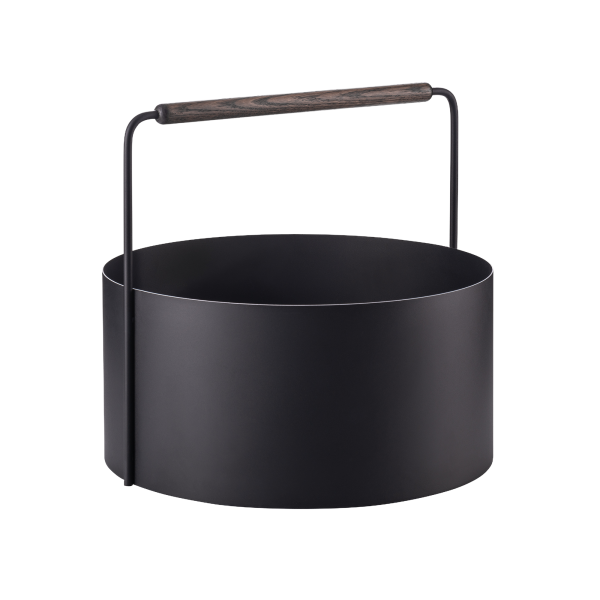Moderne schwarze Metall-Schüssel mit einem Holzgriff für stilvolle Aufbewahrung oder Dekoration.