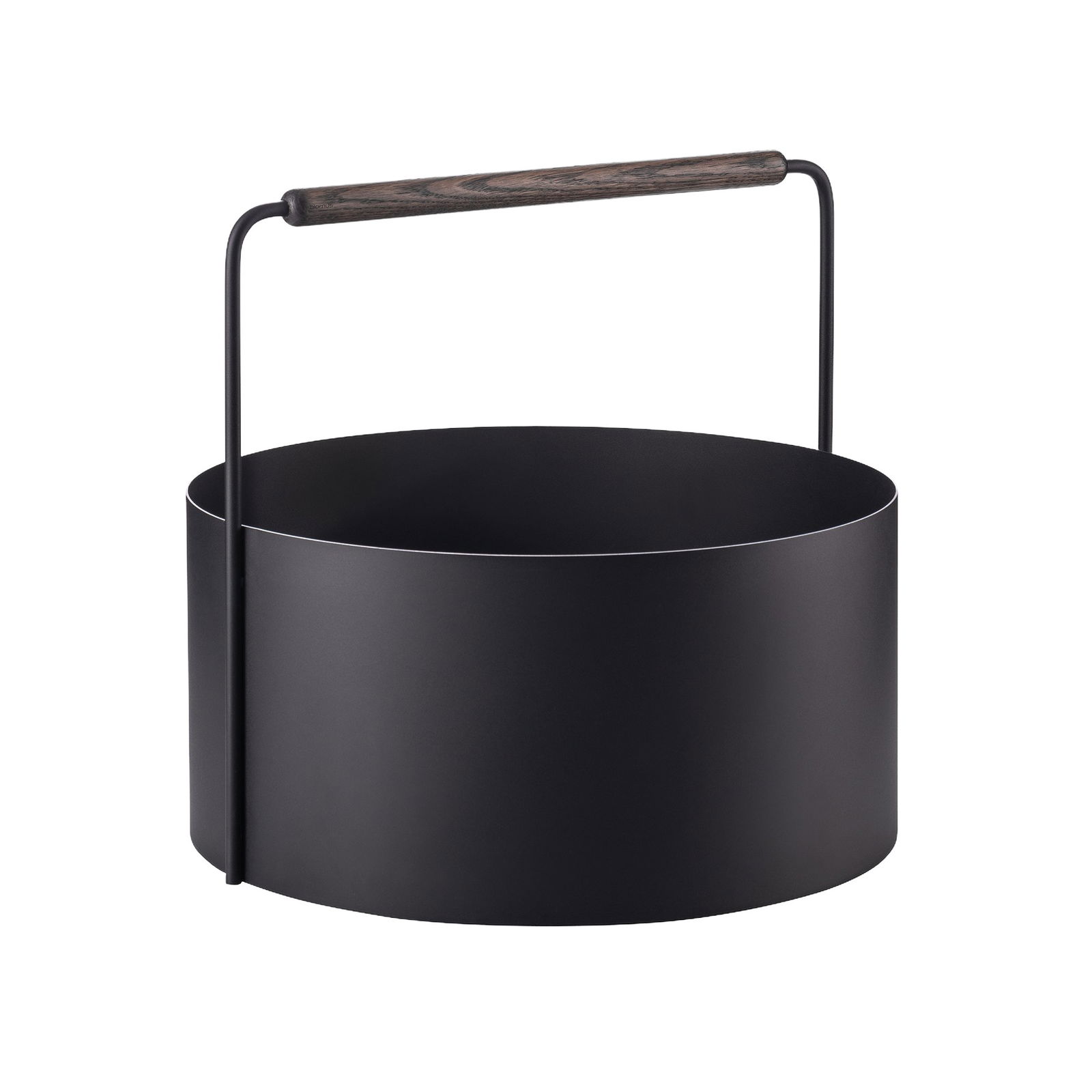 Moderne schwarze Metall-Schüssel mit einem Holzgriff für stilvolle Aufbewahrung oder Dekoration.