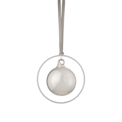 Elegant silver ornament hanging in a circular frame, perfect for holiday decorations.