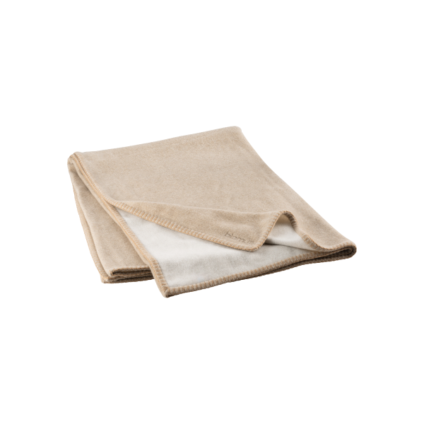 Cozy beige throw blanket folded neatly on a white background.
