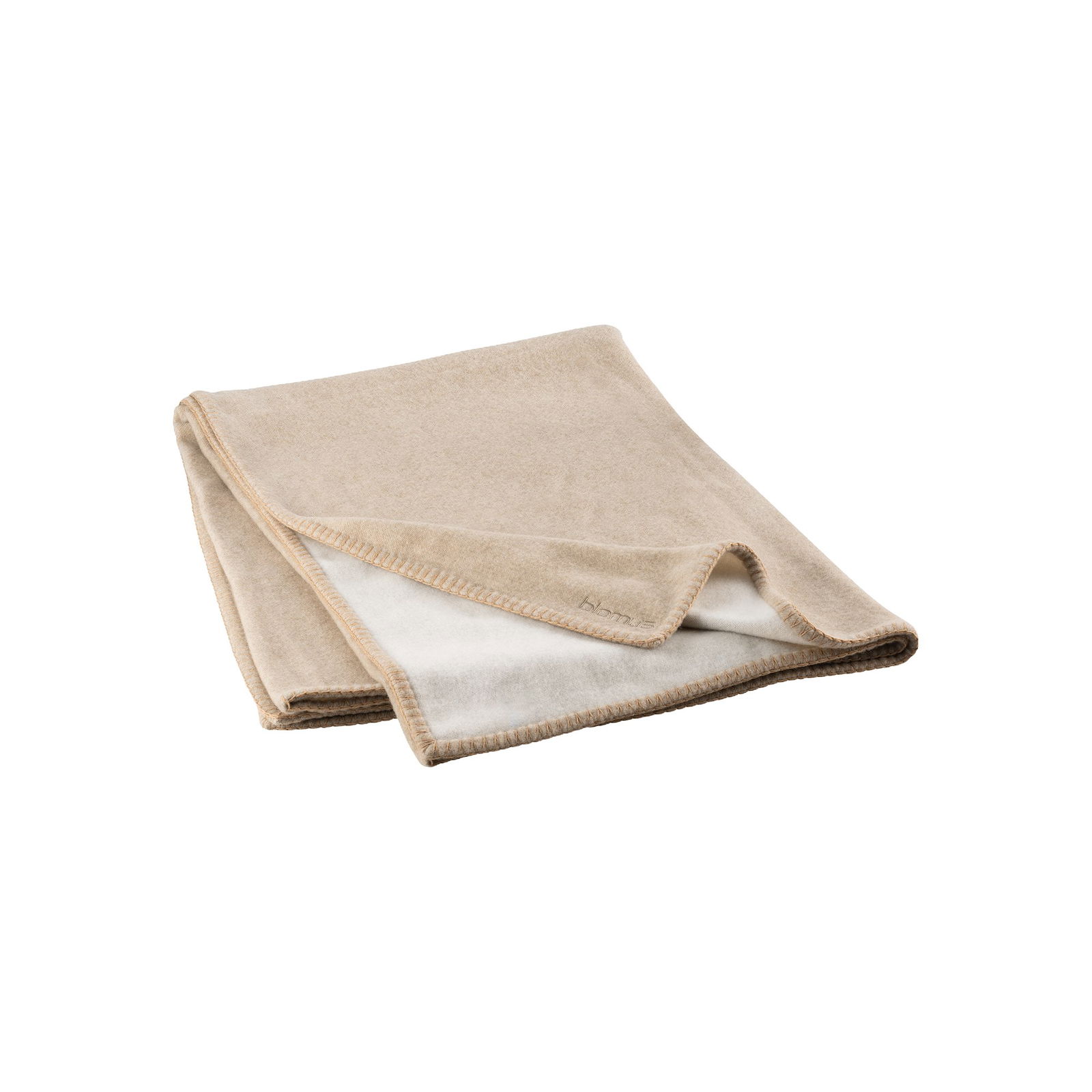 Cozy beige throw blanket folded neatly on a white background.