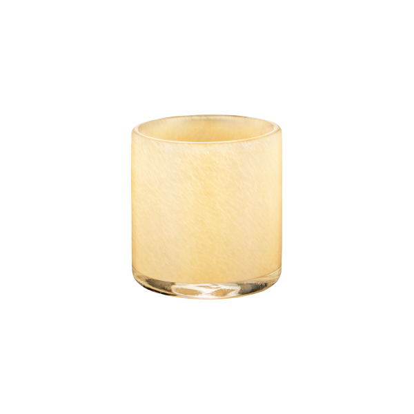 Eleganter gelber Kerzenhalter mit einem schlanken modernen Design und Glasbasis.