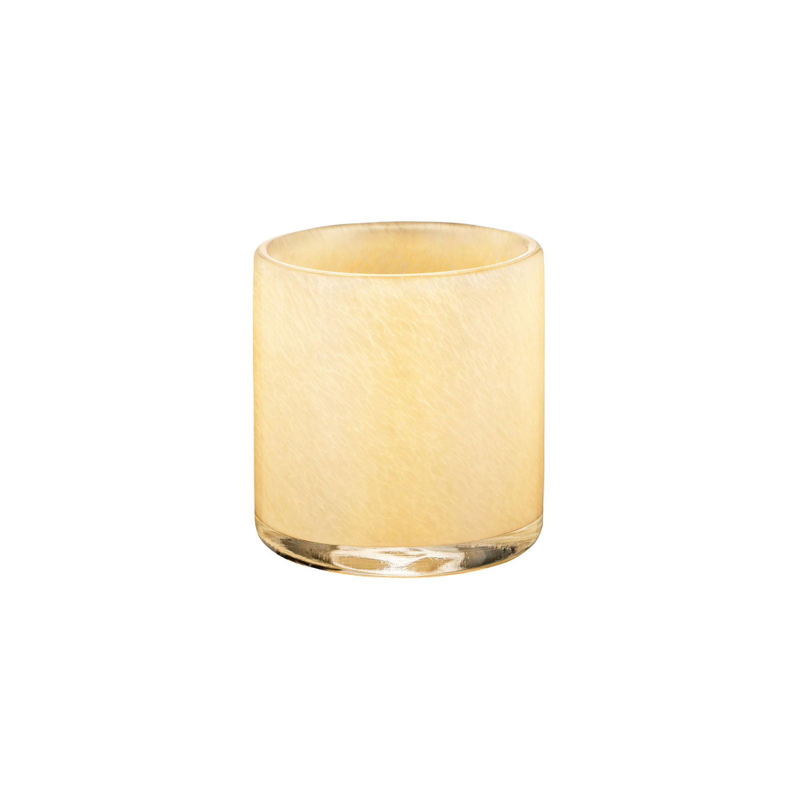Eleganter gelber Kerzenhalter mit einem schlanken modernen Design und Glasbasis.