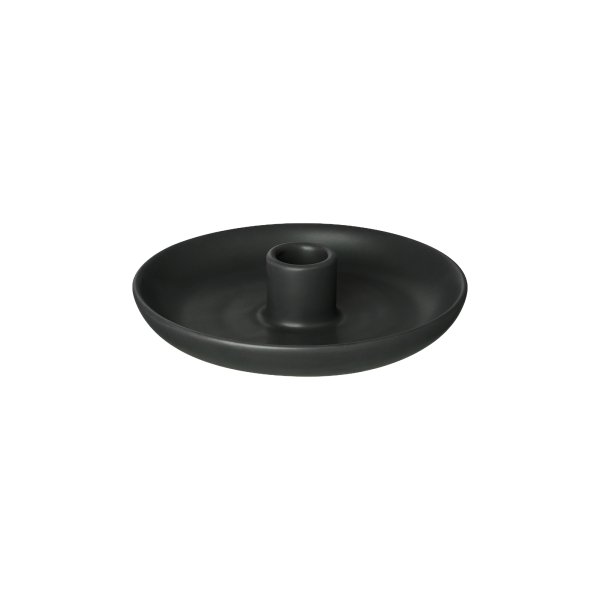 Sleek black candle holder with a round base and central holder for stylish decor.