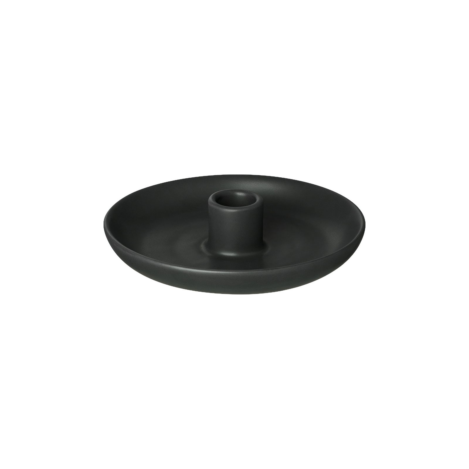 Sleek black candle holder with a round base and central holder for stylish decor.