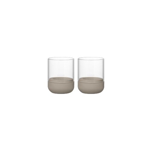 Two elegant glass tumblers with beige bases placed side by side on a white background.