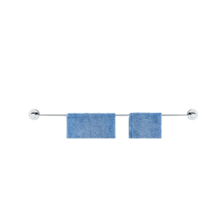 Two blue towels hanging on a silver towel rack against a white background.