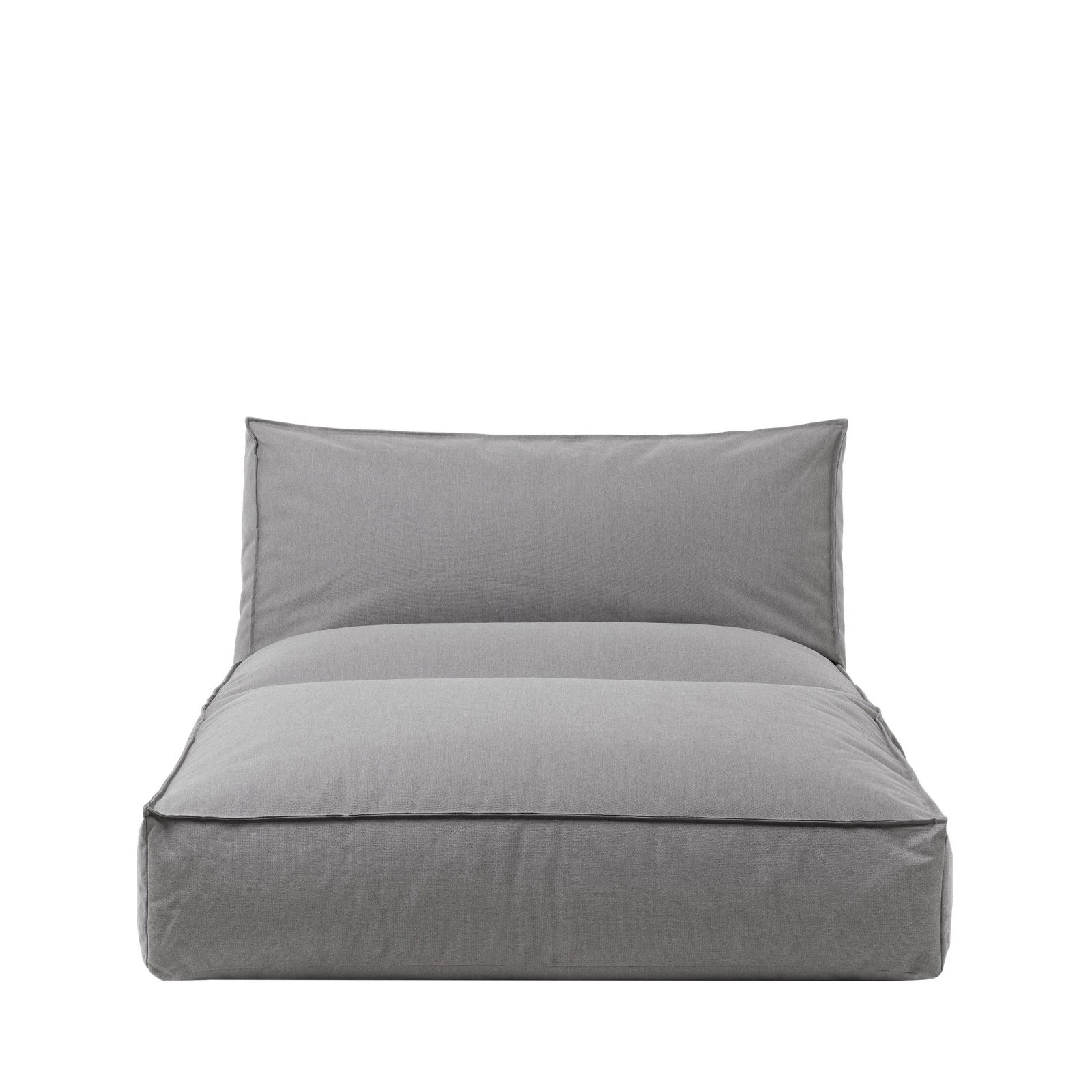Stylish gray lounge chair with a modern design against a black background.