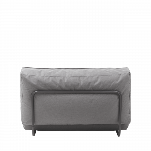 Gray sofa with a minimalist design and metal frame, viewed from the back.