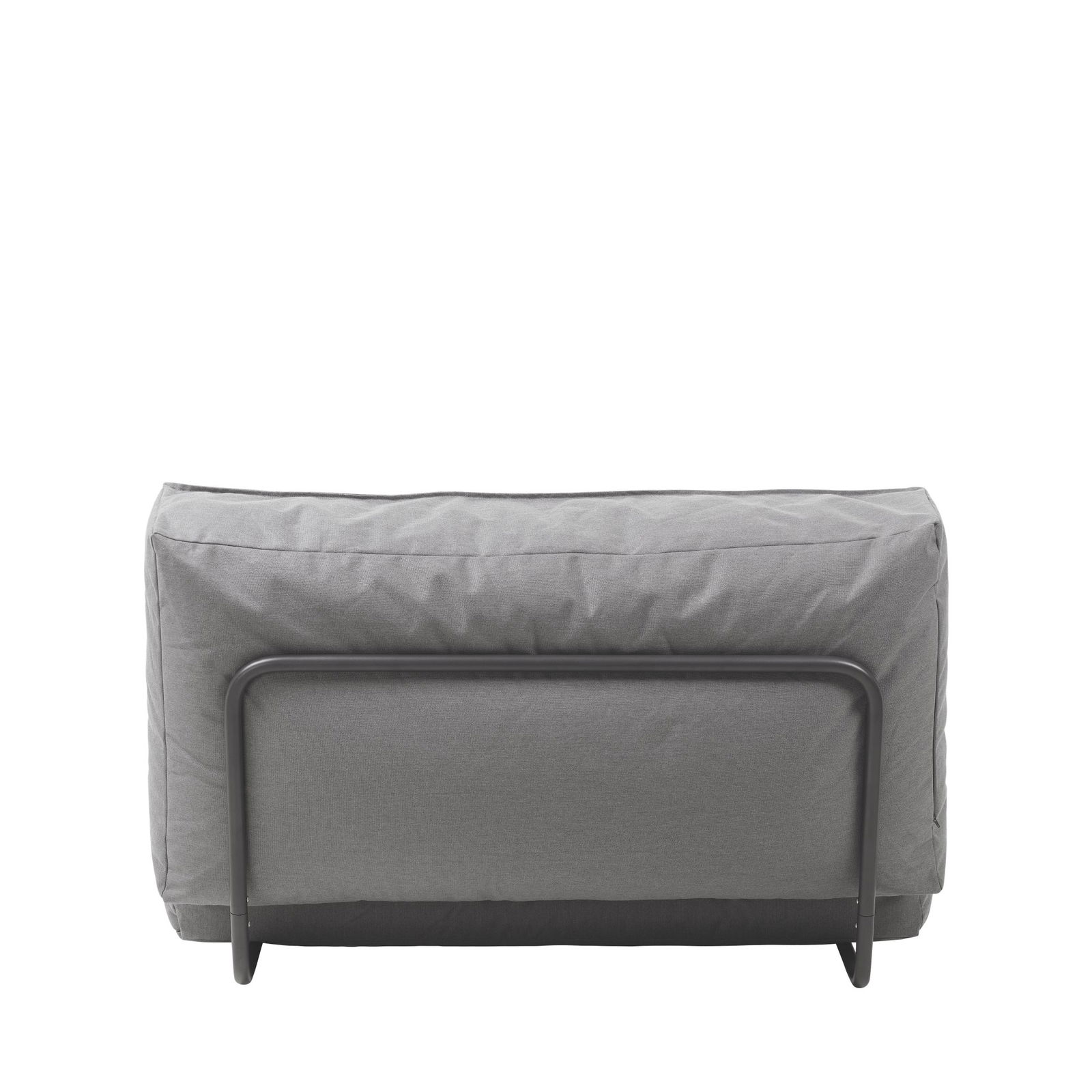 Gray sofa with a minimalist design and metal frame, viewed from the back.