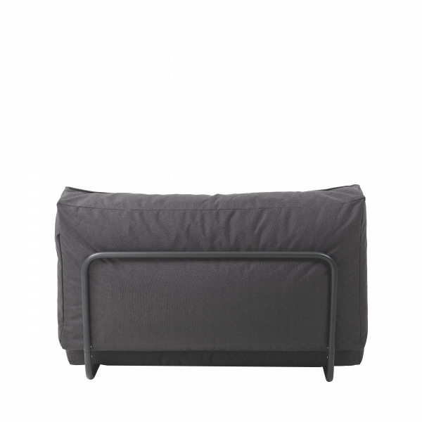 Stylisches schwarzes Stoffsofa mit Bettfunktion und minimalistischem Metallrahmen, perfekt für kleine Räume.
