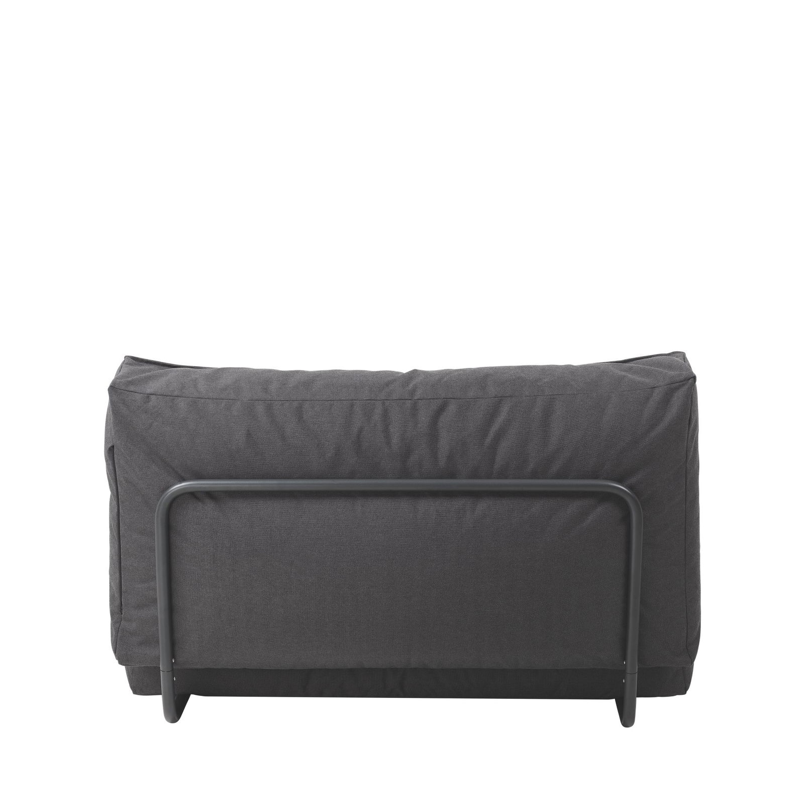 Stylisches schwarzes Stoffsofa mit Bettfunktion und minimalistischem Metallrahmen, perfekt für kleine Räume.