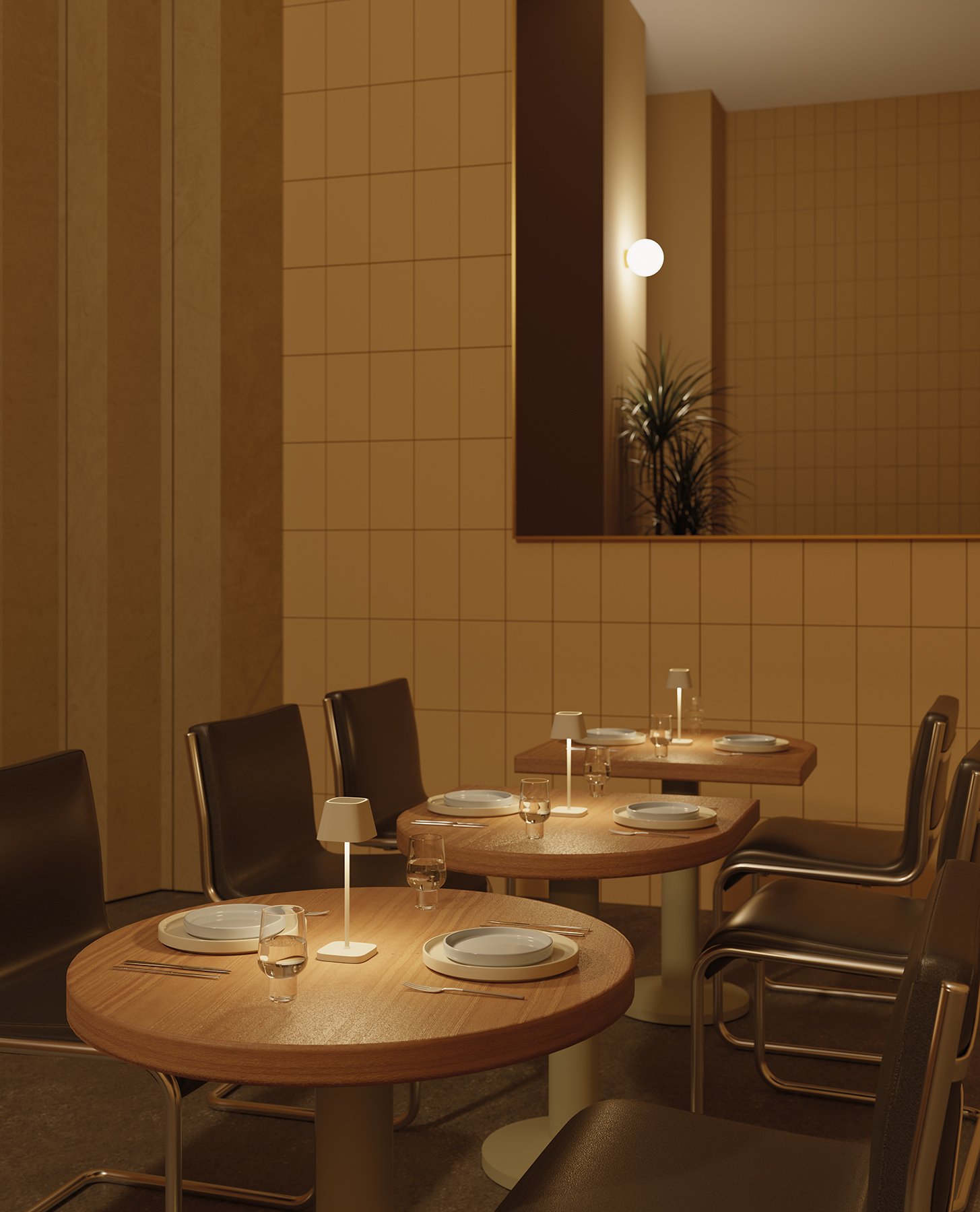 Gemütliches Restaurant-Interieur mit Holztischen, eleganter Tischdekoration und sanfter Beleuchtung.