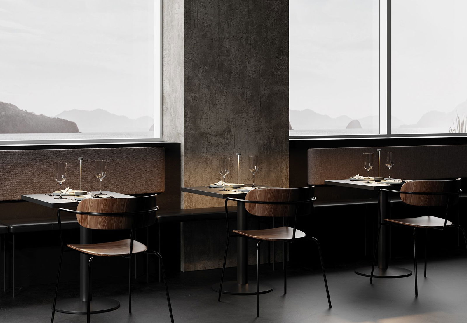 Moderner RestaurantInnenraum mit klaren Linien, eleganten Sitzplätzen und malerischen Ausblicken.