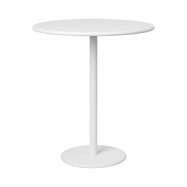 Moderner weißer runder Tisch mit einem schlanken Gestell auf schwarzem Hintergrund.