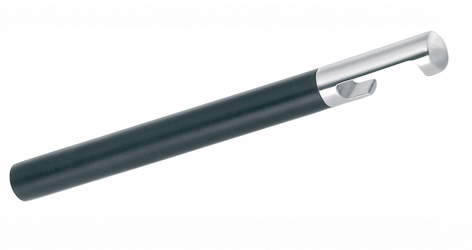 Stylischer schwarzer und silberner Stift mit einem einzigartigen Clip-Design für einfache Befestigung.