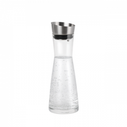 Stylish glass water carafe with a stainless steel lid and bubbles inside.