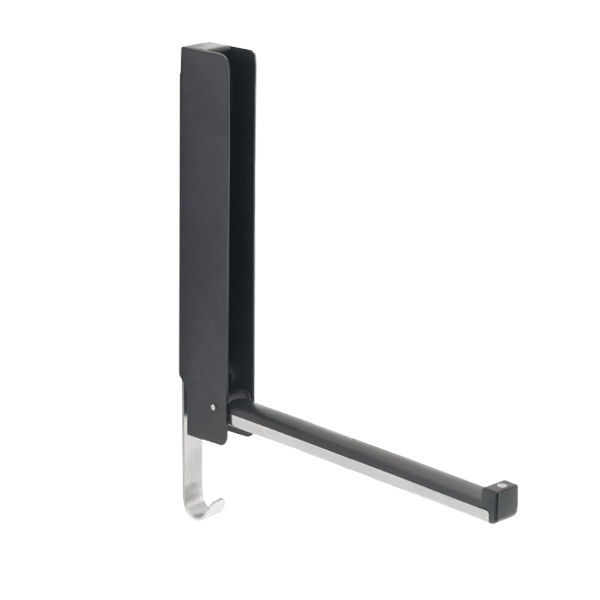 Schwarzer wandmontierter Haken mit elegantem Design zum Aufhängen von Gegenständen.