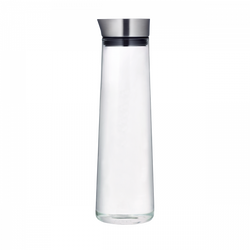 Stylish glass water carafe with stainless steel lid for modern homes.