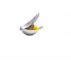 Silver lemon squeezer with a bright yellow lemon inside, elegantly designed for kitchen use.
