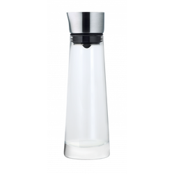 Stylish glass water carafe with a stainless steel lid for modern dining decor.