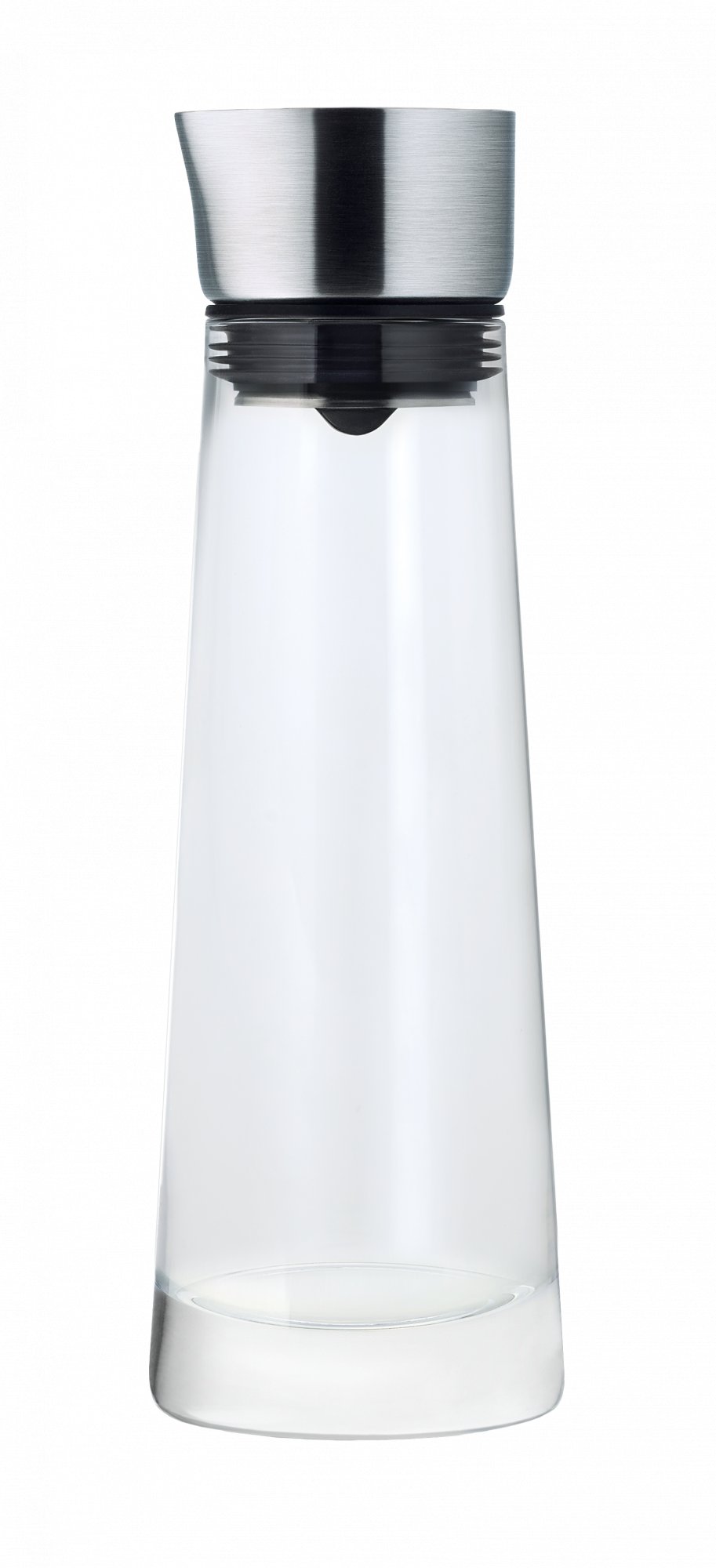 Stylische Glas-Wasserkrug mit einem Deckel aus rostfreiem Stahl für moderne Tischdekoration.