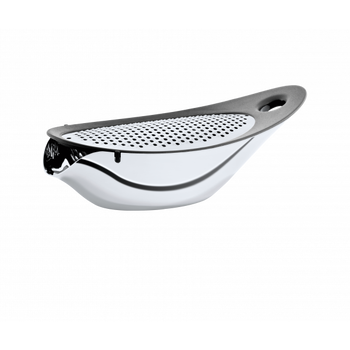 Modern stainless steel strainer with a sleek design and ergonomic handle.