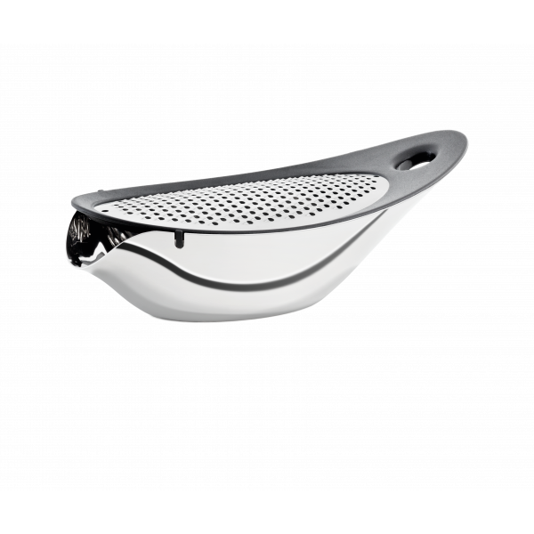 Elegant stainless steel kitchen strainer with a sleek design and ergonomic handle.