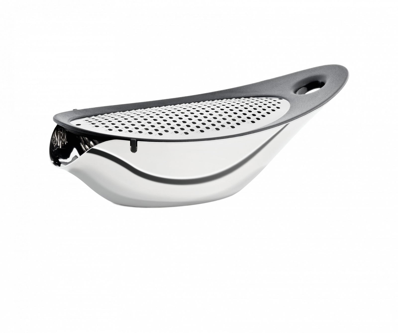 Elegant stainless steel kitchen strainer with a sleek design and ergonomic handle.
